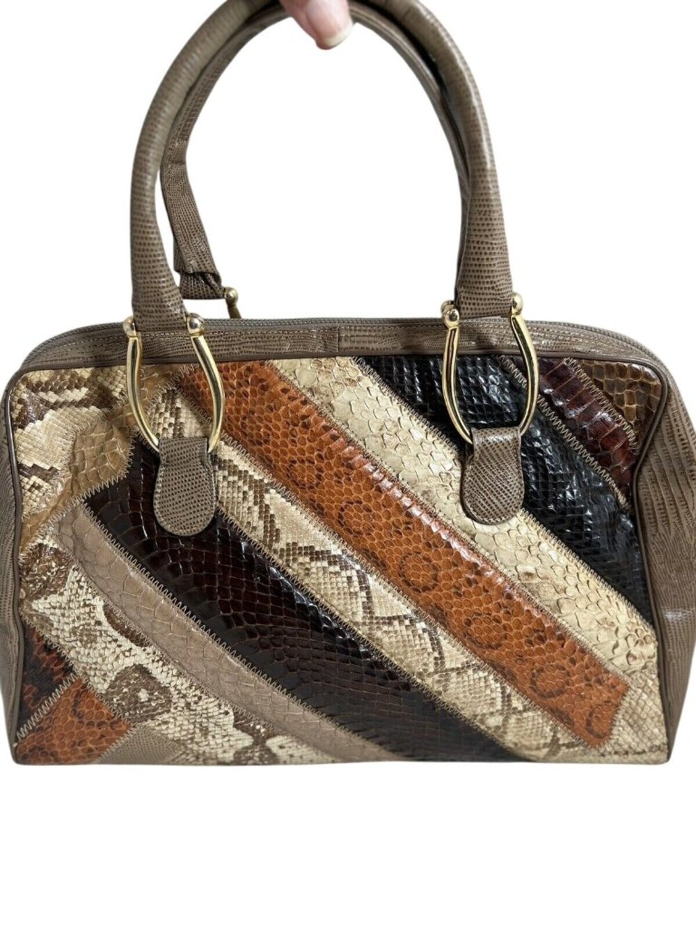 Vintage Supreme Patchwork Snakeskin Handbag W/Gold-Tone Handles & Zipper Closure